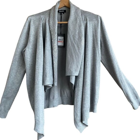 Dkny Sweaters - DKNY Gray Sequin‎ Open Front Cardigan Draped Sweater Ultra soft Flowey Sz Sm